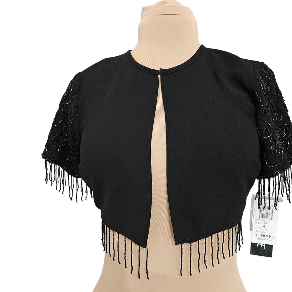 NEW Eva Blue Black Dressy Shrug Cardigan with Embellished Fringe Sleeves Size 6‎
